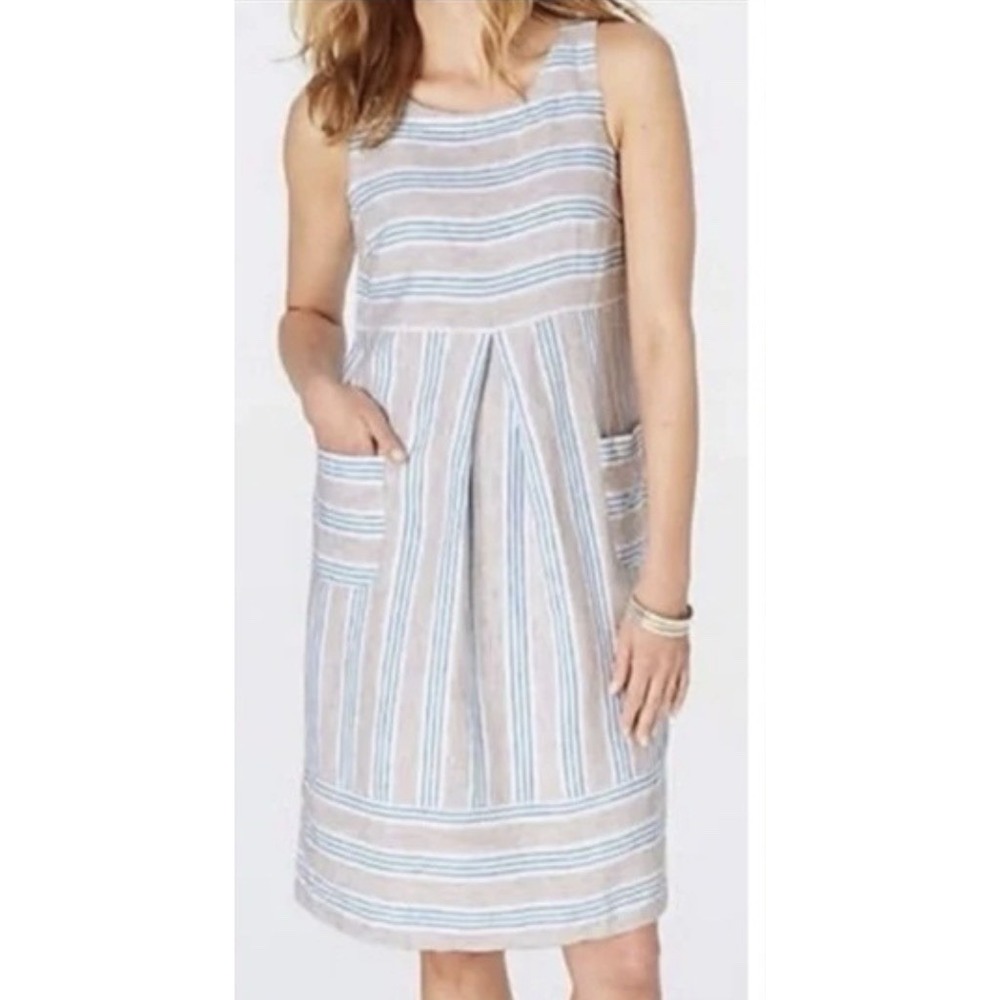 J. Jill Love Linen Mini‎ Shift Dress Women M Neutral Blue Cream Striped Beach